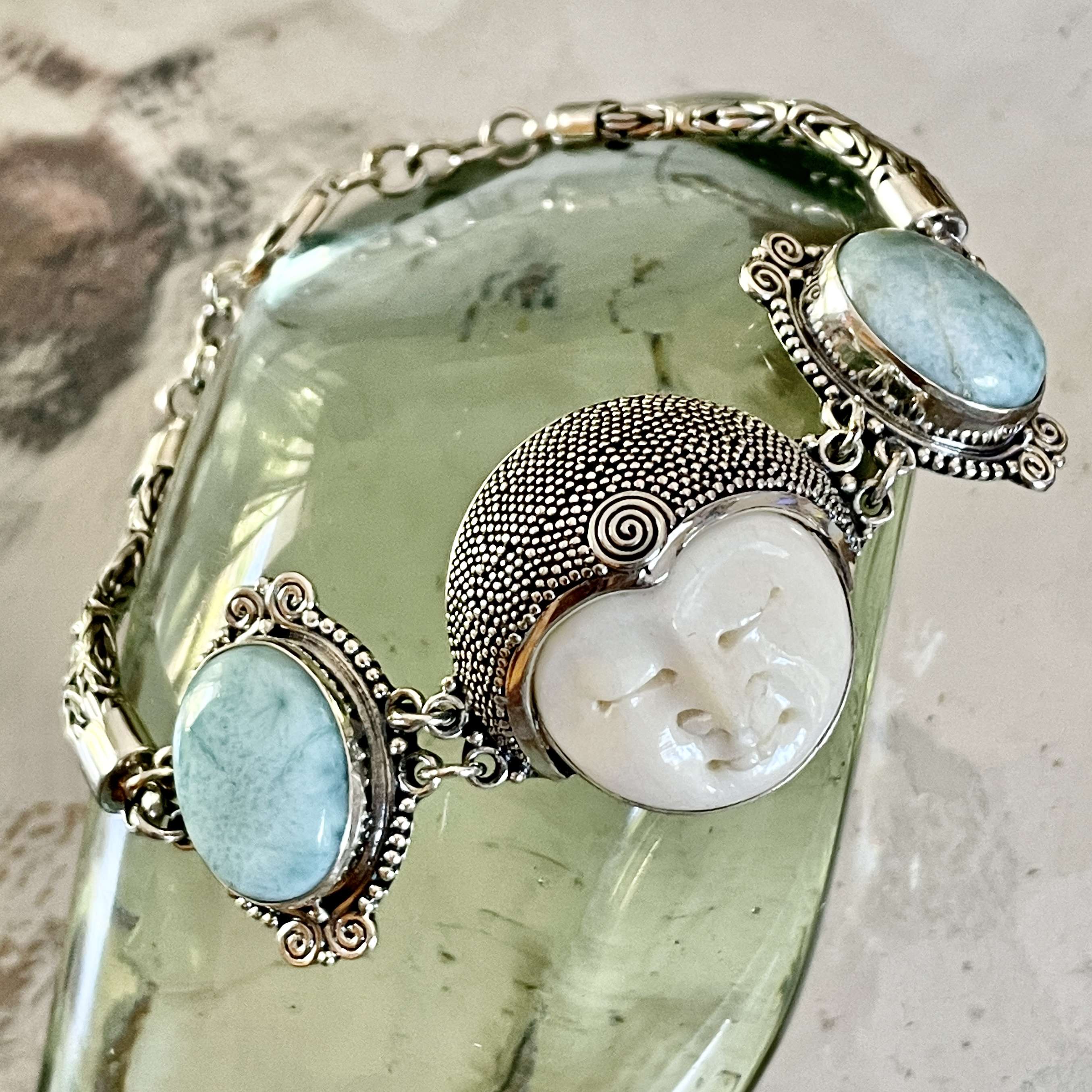 (HANDMADE 925 BALI SILVER BONE FACE BRACELET WITH LARIMAR)